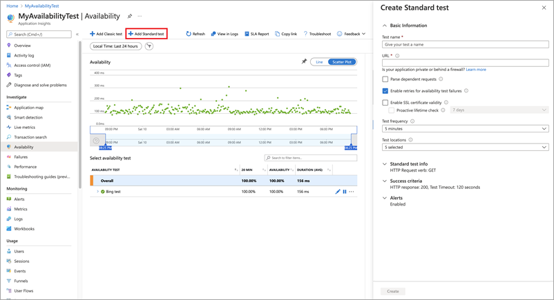 Screenshot of Availability pane with add standard test tab open