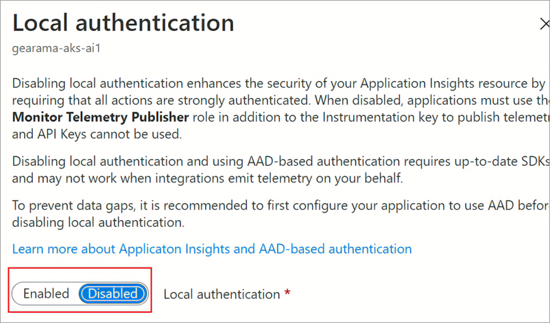 Screenshot of local authentication with the enabled/disabled button highlighted.