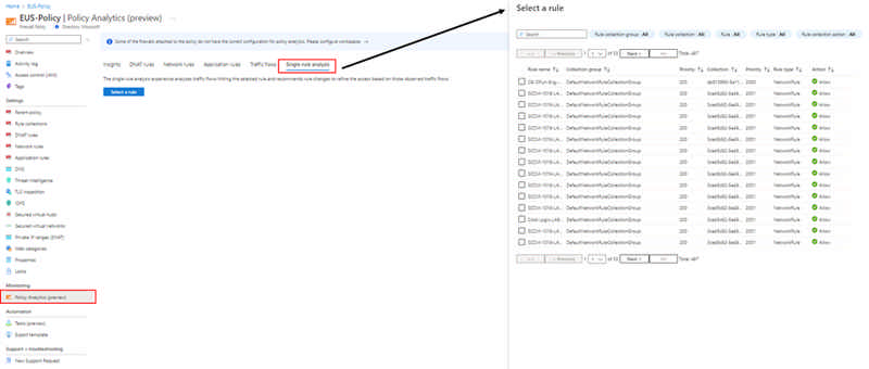 Graphic showing Policy Analytics product experience. The graphic highlights the experience when clicking on the Single-rule analysis tab and when selecting a single rule to analyze.