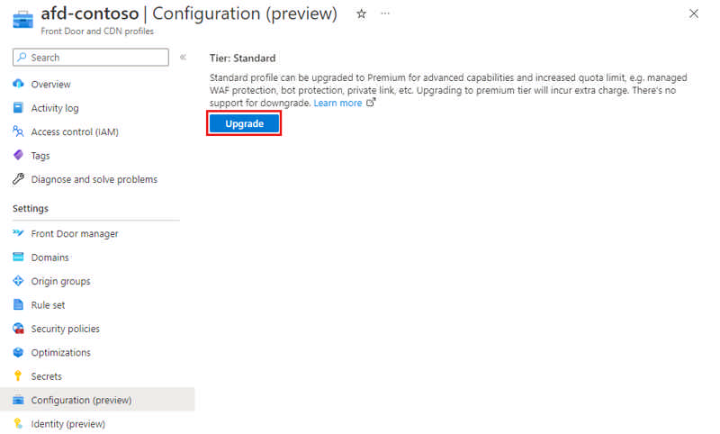 Screenshot of the upgrade button on the configuration page a Front Door Standard profile.