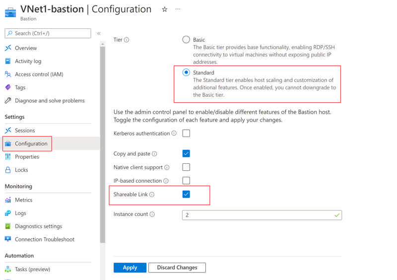 Screenshot of Configuration settings with shareable link selected.