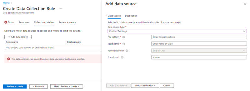 Screenshot that shows the Add data source screen for a data collection rule in Azure portal.